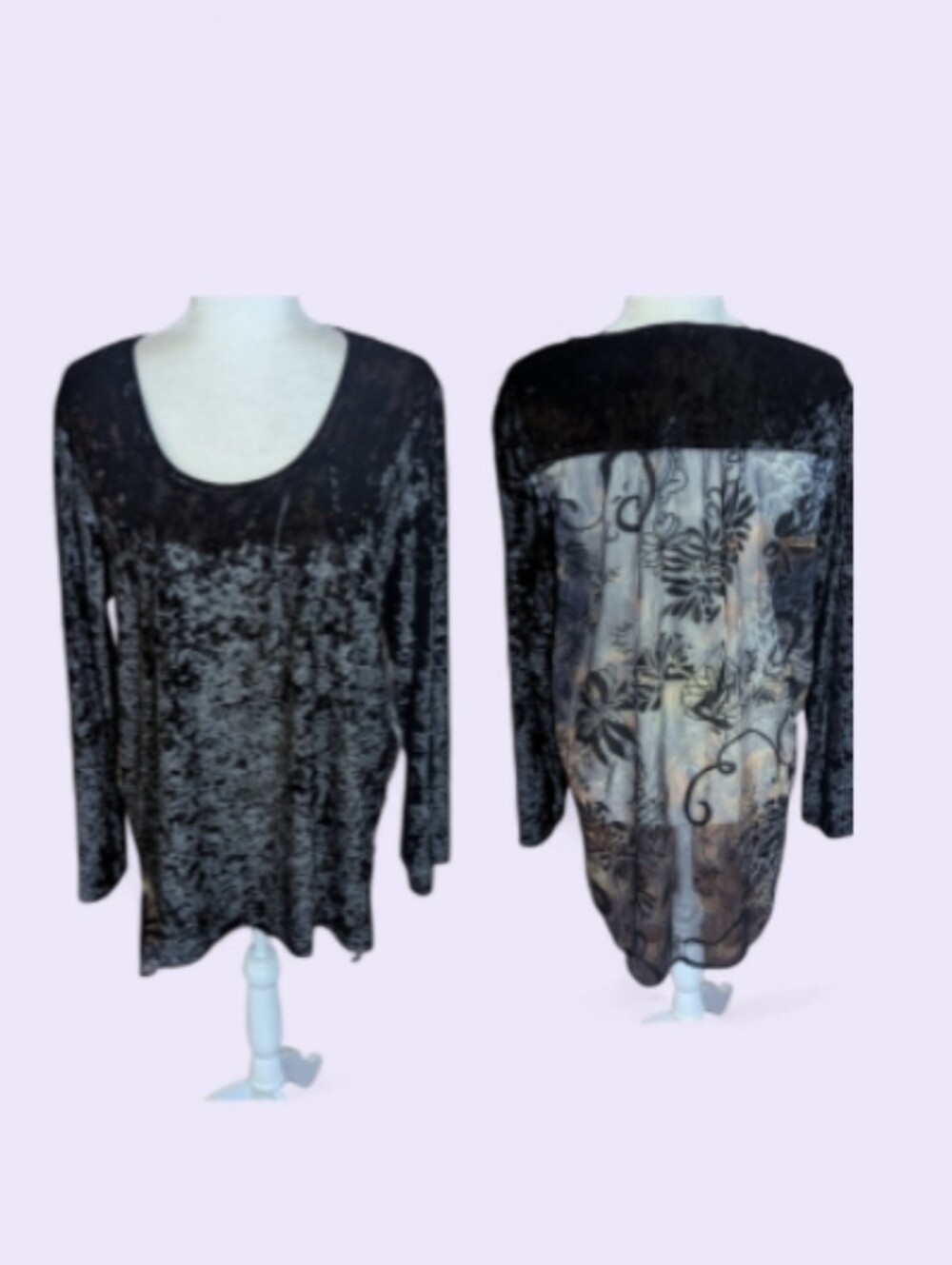 Whimsigoth Crushed Velvet Black Flowy Tunic Burnout Sheer Patterned Back Sz L